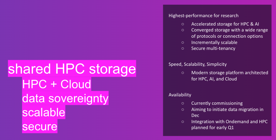 screenshot from platform refresh webinar with bullet points about high performance storage